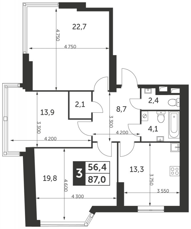 3-комнатная квартира без отделки, 87 м2, 37 этаж, сдача 4 квартал 2023 г., ЖК Архитектор, корпус 2 - объявление 1710124 - фото №1