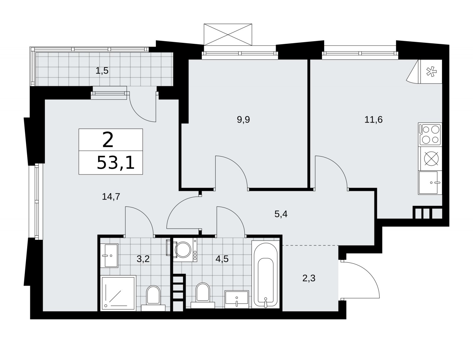 2-комнатная квартира с частичной отделкой, 53.1 м2, 4 этаж, сдача 1 квартал 2026 г., ЖК Прокшино, корпус 11.1.2 - объявление 2257258 - фото №1