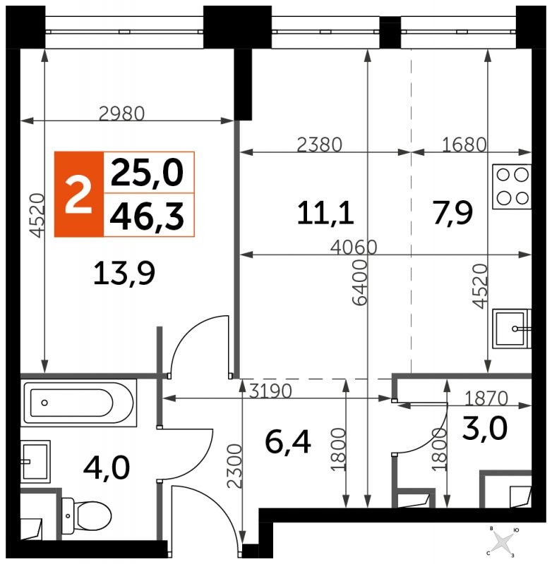 2-комнатная квартира с частичной отделкой, 46.3 м2, 21 этаж, сдача 1 квартал 2023 г., ЖК Sydney City, корпус 2 - объявление 1694263 - фото №1