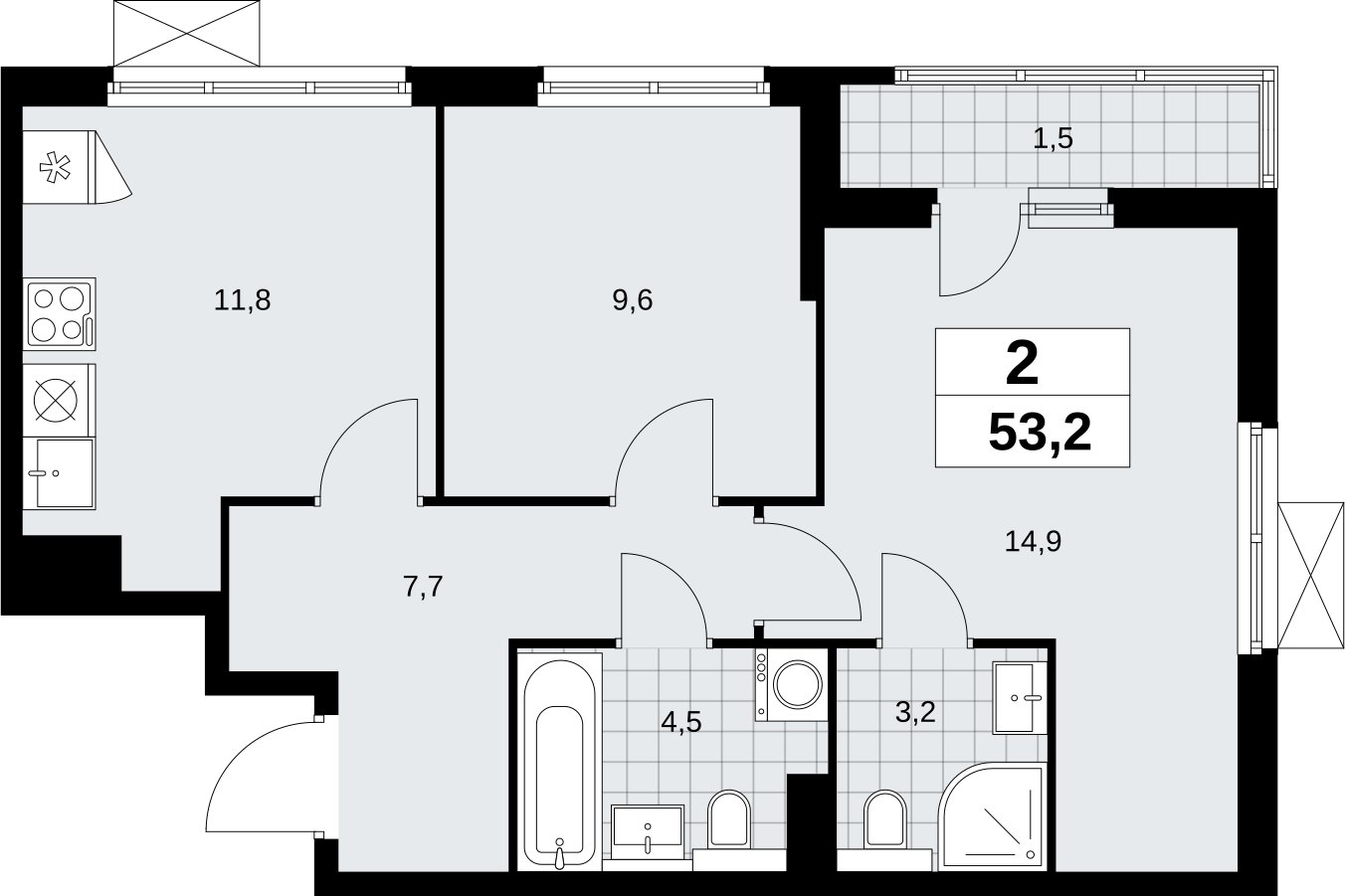 2-комнатная квартира без отделки, 53.2 м2, 3 этаж, сдача 2 квартал 2026 г., ЖК Бунинские кварталы, корпус 9.1 - объявление 2324086 - фото №1