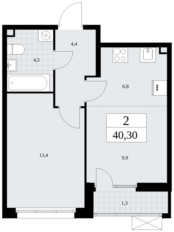 2-комнатная квартира (евро) без отделки, 40.3 м2, 2 этаж, сдача 4 квартал 2024 г., ЖК Бунинские кварталы, корпус 2.3 - объявление 1882498 - фото №1