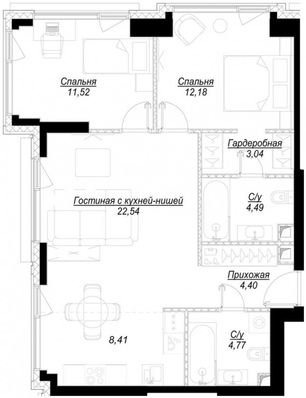2-комнатная квартира с частичной отделкой, 71.4 м2, 16 этаж, сдача 1 квартал 2023 г., ЖК Hide, корпус RiverSide - объявление 1756895 - фото №1