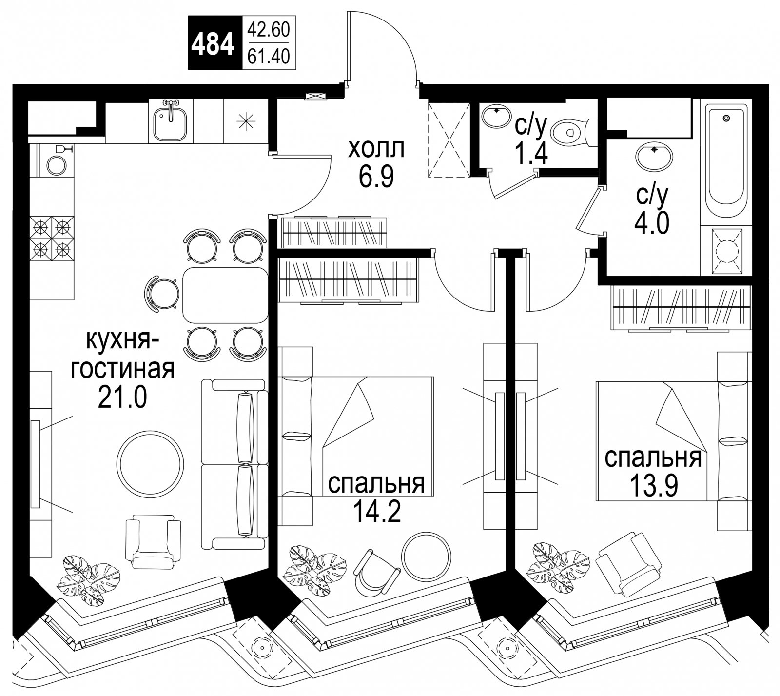 3-комнатная квартира без отделки, 61.4 м2, 20 этаж, сдача 2 квартал 2024 г., ЖК Интеллигент, корпус 2 - объявление 2260633 - фото №1