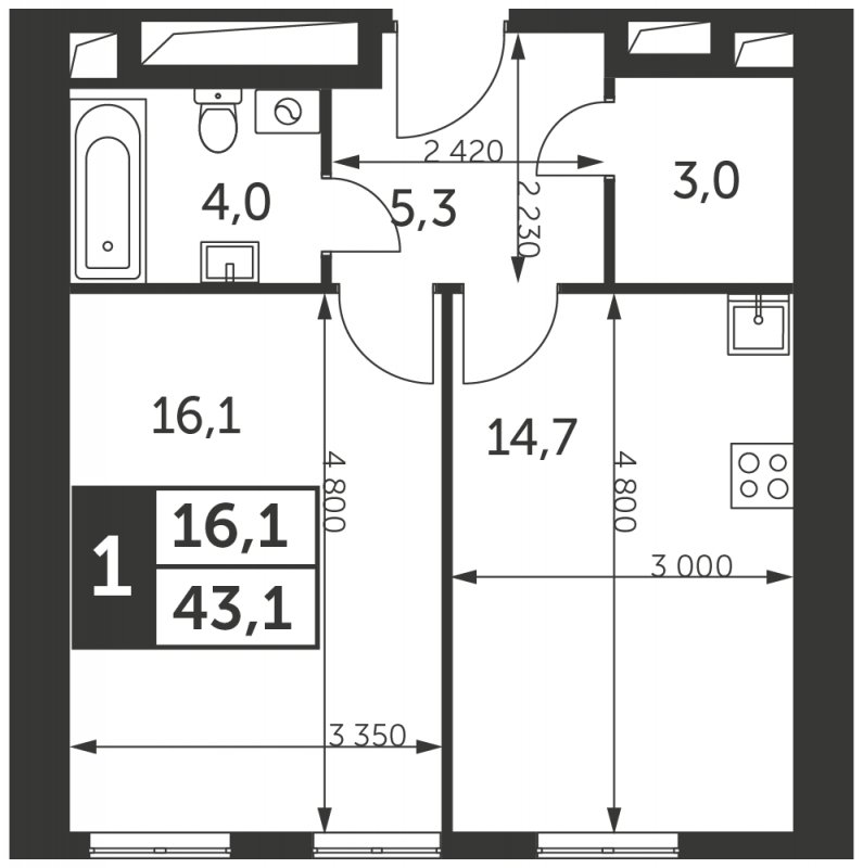 1-комнатная квартира с частичной отделкой, 43.1 м2, 34 этаж, сдача 4 квартал 2023 г., ЖК Архитектор, корпус 2 - объявление 1523843 - фото №1