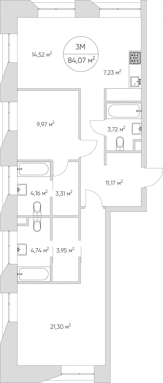 3-комнатные апартаменты без отделки, 84.07 м2, 13 этаж, дом сдан, ЖК N'ICE LOFT, корпус 1 - объявление 2408048 - фото №1