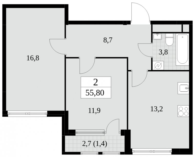 2-комнатная квартира без отделки, 55.8 м2, 22 этаж, сдача 2 квартал 2025 г., ЖК Южные сады, корпус 2.3 - объявление 1758252 - фото №1