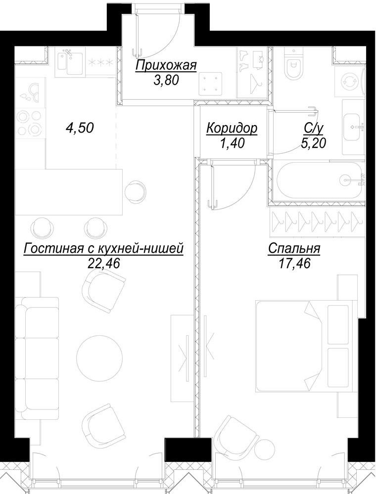 1-комнатная квартира с частичной отделкой, 54.89 м2, 2 этаж, дом сдан, ЖК Hide, корпус ParkLane - объявление 2335882 - фото №1