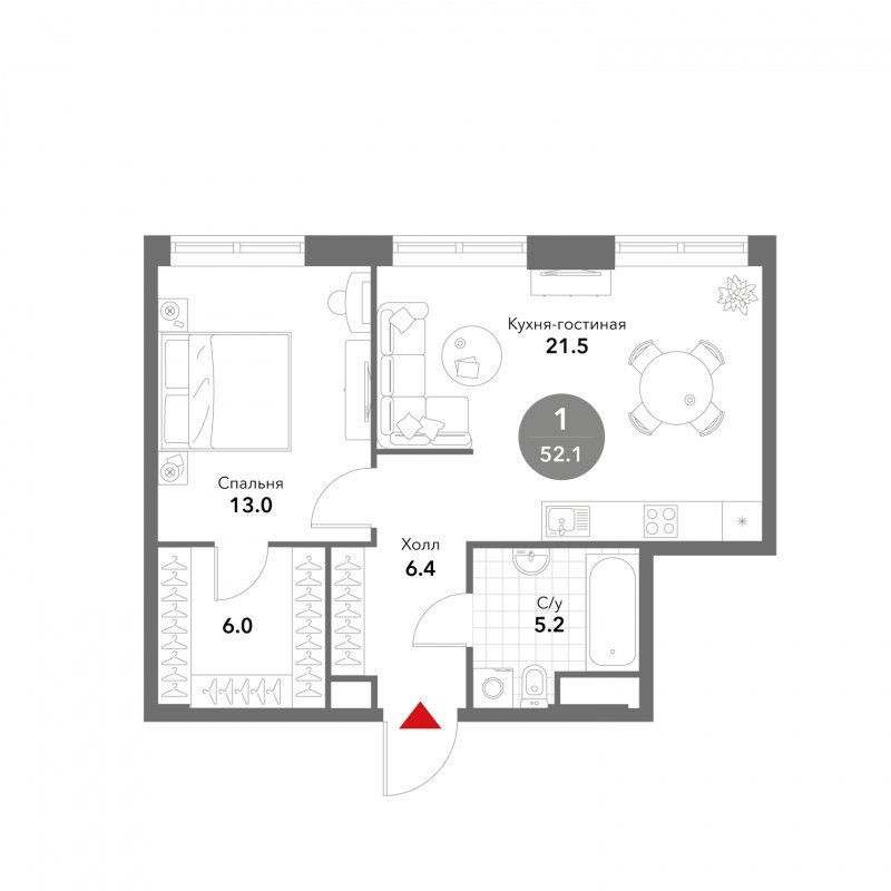 1-комнатная квартира без отделки, 52.1 м2, 2 этаж, сдача 3 квартал 2025 г., ЖК VOXHALL, корпус 2 - объявление 1785343 - фото №1