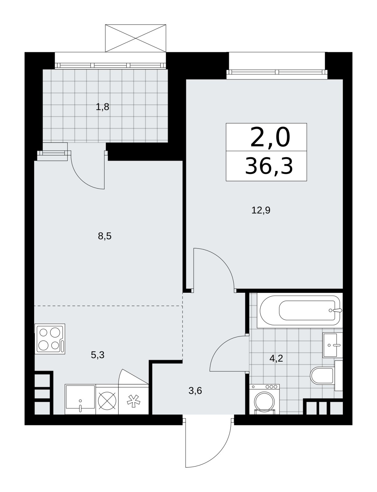 2-комнатная квартира (евро) без отделки, 36.3 м2, 8 этаж, сдача 4 квартал 2025 г., ЖК Бунинские кварталы, корпус 6.5 - объявление 2252797 - фото №1