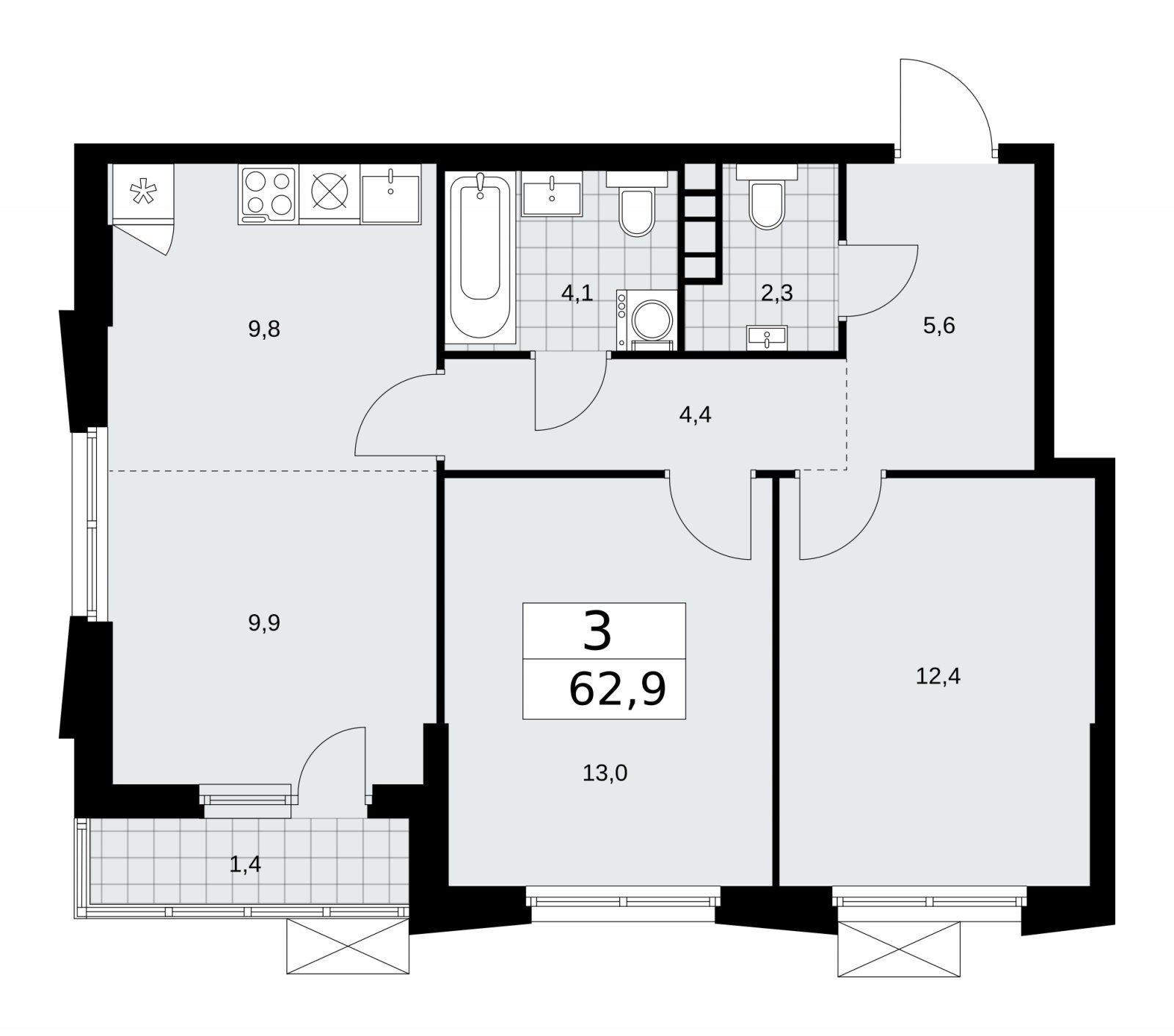 3-комнатная квартира (евро) с частичной отделкой, 62.9 м2, 10 этаж, сдача 1 квартал 2026 г., ЖК Прокшино, корпус 11.1.2 - объявление 2257293 - фото №1