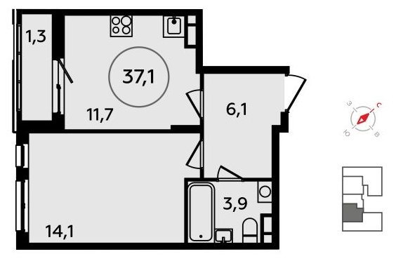 1-комнатная квартира без отделки, 37.1 м2, 9 этаж, сдача 4 квартал 2023 г., ЖК Скандинавия, корпус 2.15 - объявление 1517008 - фото №1