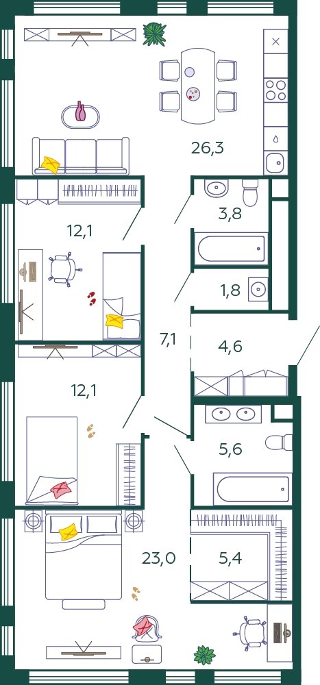 3-комнатная квартира без отделки, 101.8 м2, 14 этаж, сдача 4 квартал 2023 г., ЖК SHAGAL, корпус 1.2 - объявление 2186629 - фото №1