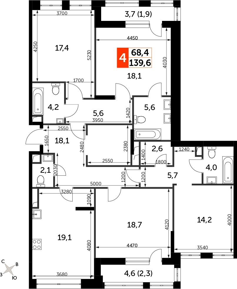4-комнатная квартира с частичной отделкой, 139.6 м2, 20 этаж, сдача 3 квартал 2024 г., ЖК Sydney City, корпус 2.1 - объявление 2260106 - фото №1