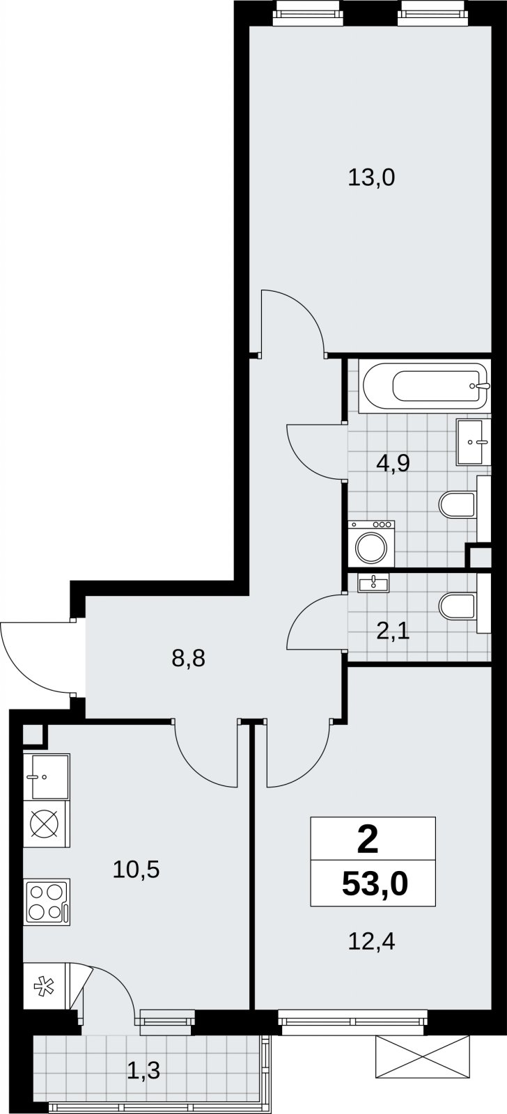 2-комнатная квартира без отделки, 53 м2, 2 этаж, сдача 2 квартал 2026 г., ЖК Бунинские кварталы, корпус 9.1 - объявление 2323648 - фото №1