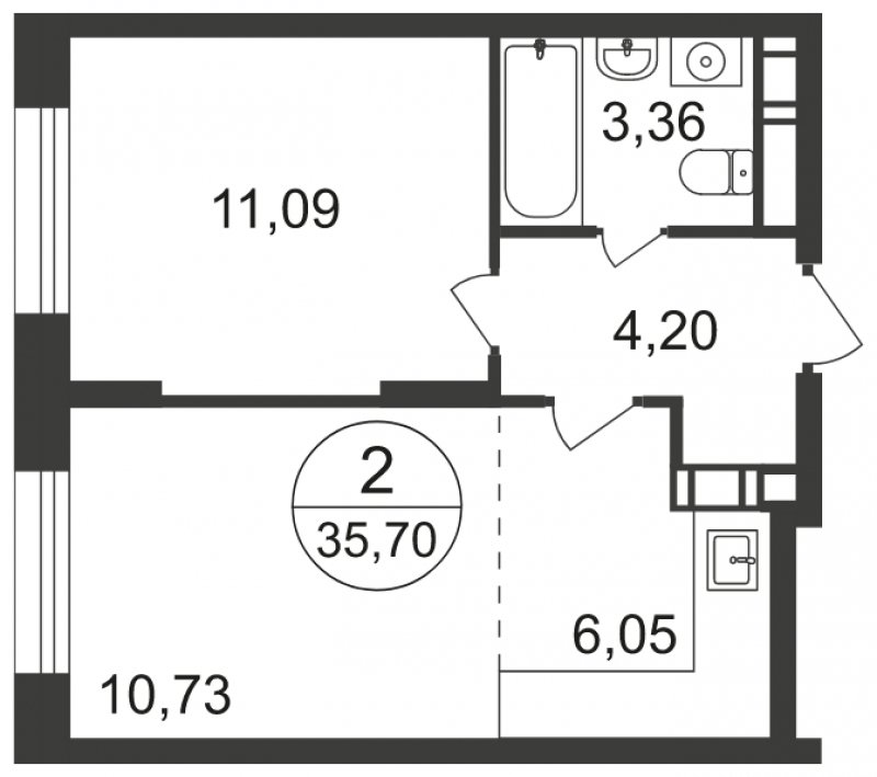 2-комнатная квартира с полной отделкой, 35.7 м2, 4 этаж, сдача 3 квартал 2023 г., ЖК Люберцы, корпус 66 - объявление 1682271 - фото №1