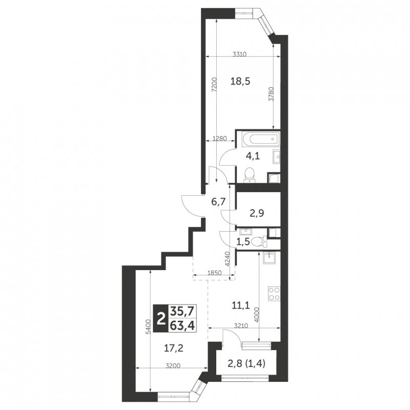 2-комнатная квартира без отделки, 63.4 м2, 43 этаж, сдача 4 квартал 2023 г., ЖК Архитектор, корпус 3 - объявление 1566134 - фото №1