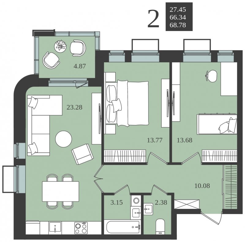 2-комнатная квартира без отделки, 68.78 м2, 2 этаж, сдача 1 квартал 2024 г., ЖК Мишино-2, корпус 5 - объявление 2149896 - фото №1
