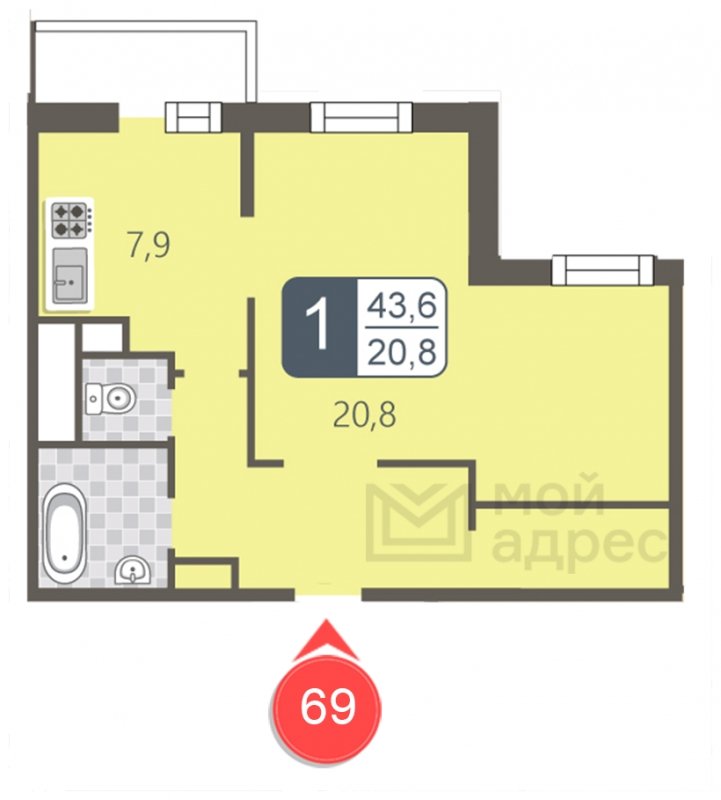 1-комнатная квартира с полной отделкой, 43.6 м2, 4 этаж, дом сдан, ЖК мой адрес В Зеленограде, корпус 2032 - объявление 1745191 - фото №1