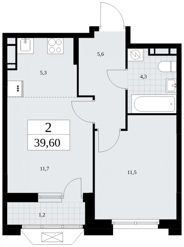 2-комнатная квартира (евро) без отделки, 39.6 м2, 11 этаж, сдача 1 квартал 2025 г., ЖК Бунинские кварталы, корпус 1.3 - объявление 1834609 - фото №1