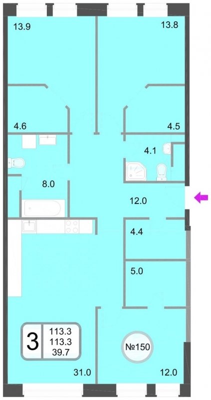 3-комнатная квартира без отделки, 113.3 м2, 9 этаж, дом сдан, ЖК Хорошевский, корпус 1 - объявление 1107011 - фото №1