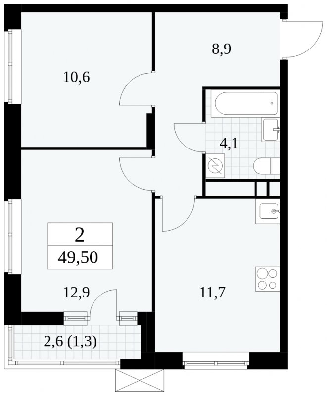 2-комнатная квартира без отделки, 49.5 м2, 13 этаж, сдача 1 квартал 2025 г., ЖК Прокшино, корпус 5.2.3 - объявление 1751355 - фото №1