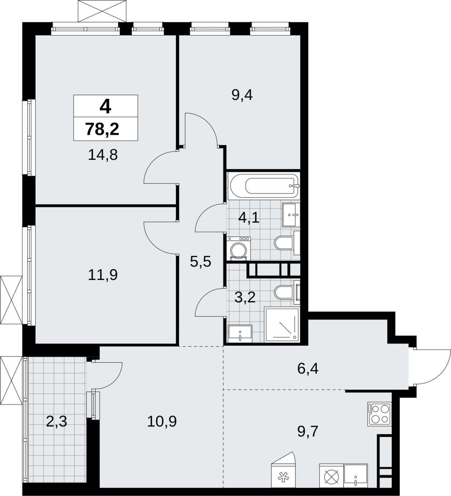 4-комнатная квартира (евро) без отделки, 78.2 м2, 12 этаж, сдача 4 квартал 2026 г., ЖК Скандинавия, корпус 2.18.1.4 - объявление 2351030 - фото №1