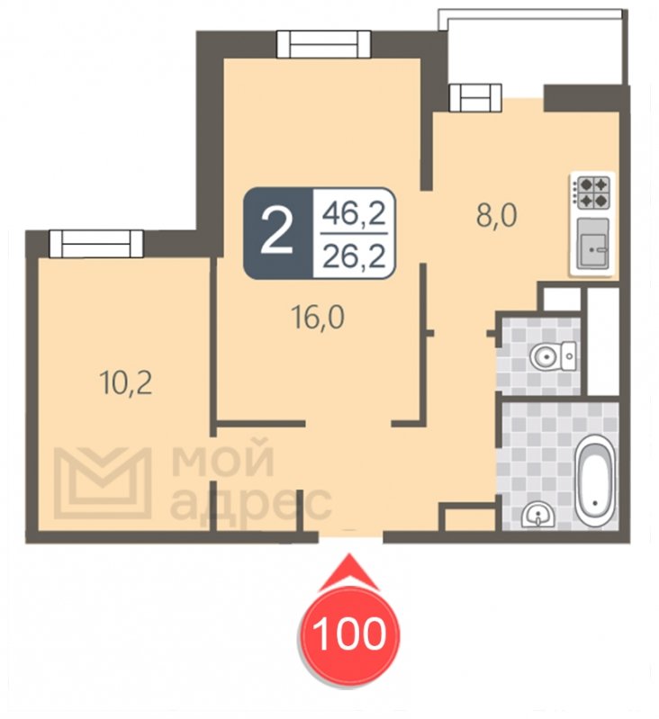 2-комнатная квартира с полной отделкой, 46.2 м2, 10 этаж, дом сдан, ЖК мой адрес В Зеленограде, корпус 2032 - объявление 1853429 - фото №1