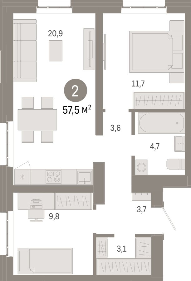 2-комнатная квартира с частичной отделкой, 57.5 м2, 10 этаж, сдача 3 квартал 2026 г., ЖК Квартал Метроном, корпус 1 - объявление 2342570 - фото №1