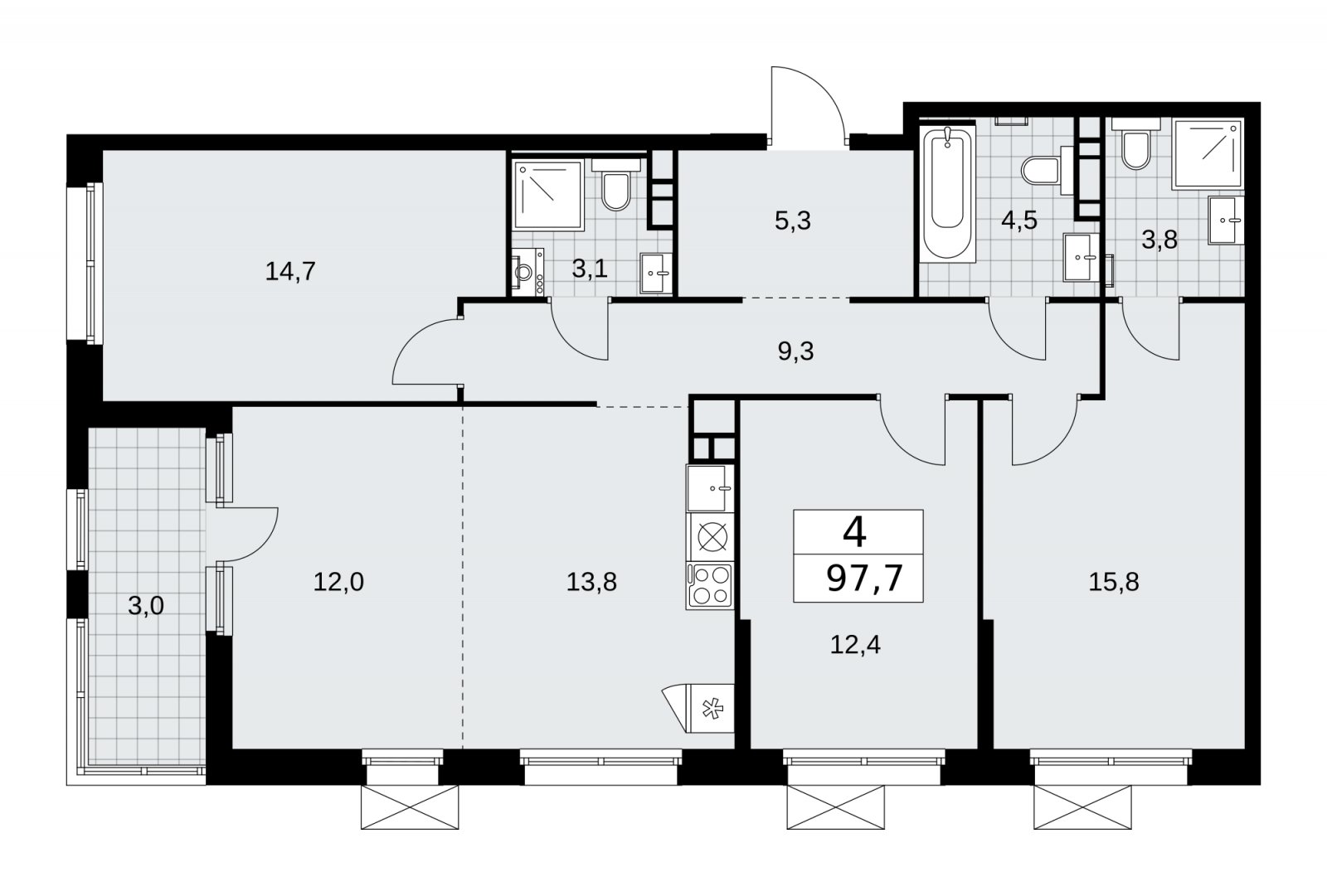 4-комнатная квартира (евро) без отделки, 97.7 м2, 8 этаж, сдача 2 квартал 2026 г., ЖК Скандинавия, корпус 25.7 - объявление 2284359 - фото №1