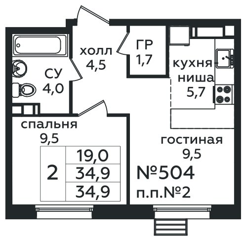 2-комнатная квартира с полной отделкой, 34.9 м2, 9 этаж, сдача 4 квартал 2025 г., ЖК Эко Бунино, корпус Я-18-19 - объявление 1795299 - фото №1
