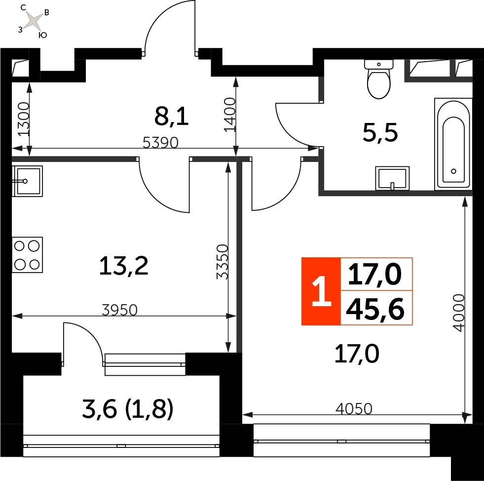 1-комнатная квартира с полной отделкой, 45.6 м2, 4 этаж, сдача 3 квартал 2024 г., ЖК Sydney City, корпус 2.1 - объявление 2207336 - фото №1