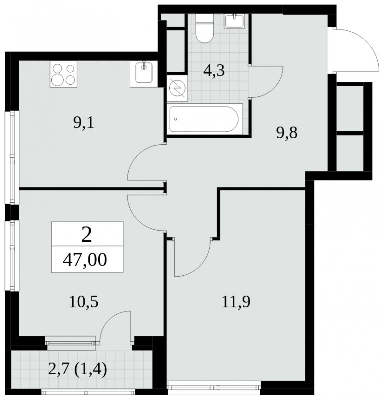 2-комнатная квартира без отделки, 47 м2, 16 этаж, сдача 2 квартал 2025 г., ЖК Южные сады, корпус 2.3 - объявление 1758356 - фото №1