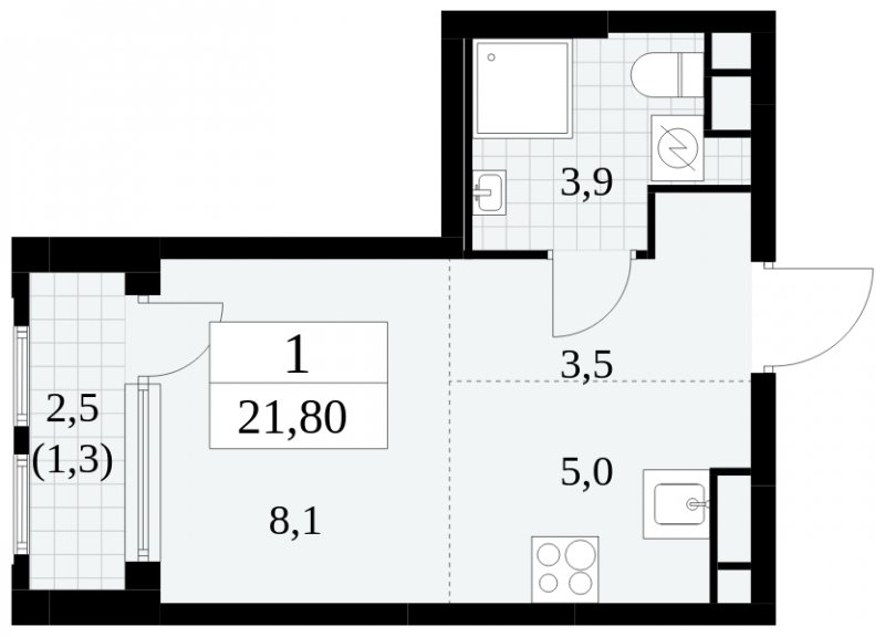Студия с частичной отделкой, 21.8 м2, 4 этаж, сдача 2 квартал 2025 г., ЖК Южные сады, корпус 2.1 - объявление 1759943 - фото №1