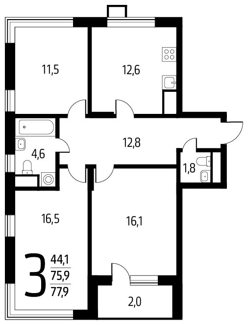 3-комнатная квартира с полной отделкой, 77.9 м2, 12 этаж, дом сдан, ЖК Новые Ватутинки. Центральный, корпус 9/2/2.1 - объявление 1674780 - фото №1