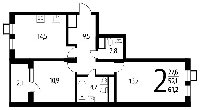 2-комнатная квартира с полной отделкой, 61.2 м2, 8 этаж, сдача 1 квартал 2024 г., ЖК Новые Ватутинки. Центральный, корпус 9/2/2.1 - объявление 1787152 - фото №1