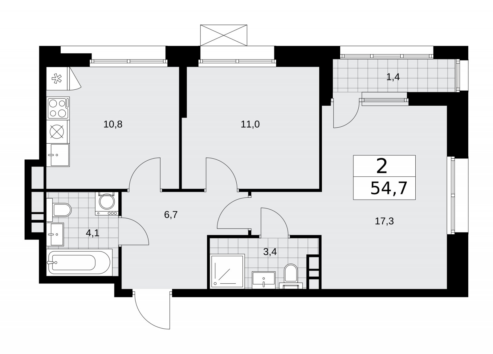 2-комнатная квартира без отделки, 54.7 м2, 6 этаж, сдача 4 квартал 2025 г., ЖК Бунинские кварталы, корпус 6.4 - объявление 2252726 - фото №1