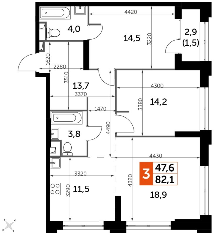 3-комнатная квартира с частичной отделкой, 82.1 м2, 19 этаж, сдача 1 квартал 2023 г., ЖК Sydney City, корпус 3 - объявление 1569032 - фото №1