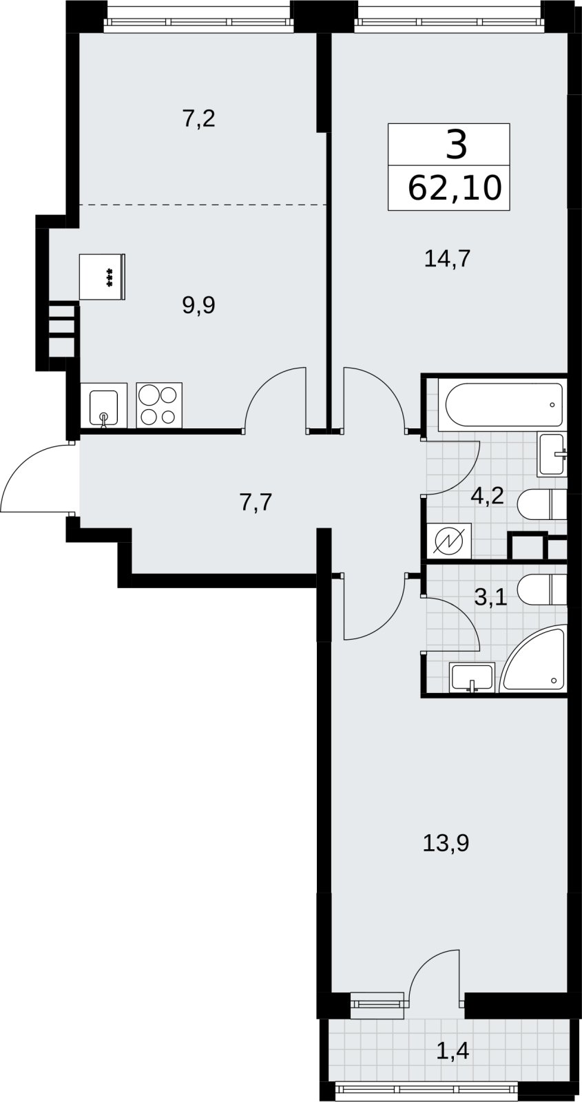 3-комнатная квартира (евро) с полной отделкой, 62.1 м2, 3 этаж, сдача 4 квартал 2026 г., ЖК Родные кварталы, корпус 3.3 - объявление 2378455 - фото №1