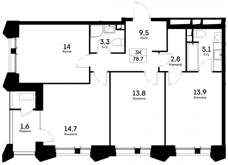 3-комнатная квартира 78.7 м2, 16 этаж, сдача 4 квартал 2022 г., ЖК Квартал на набережной NOW, корпус 1.2 - объявление 1753363 - фото №1