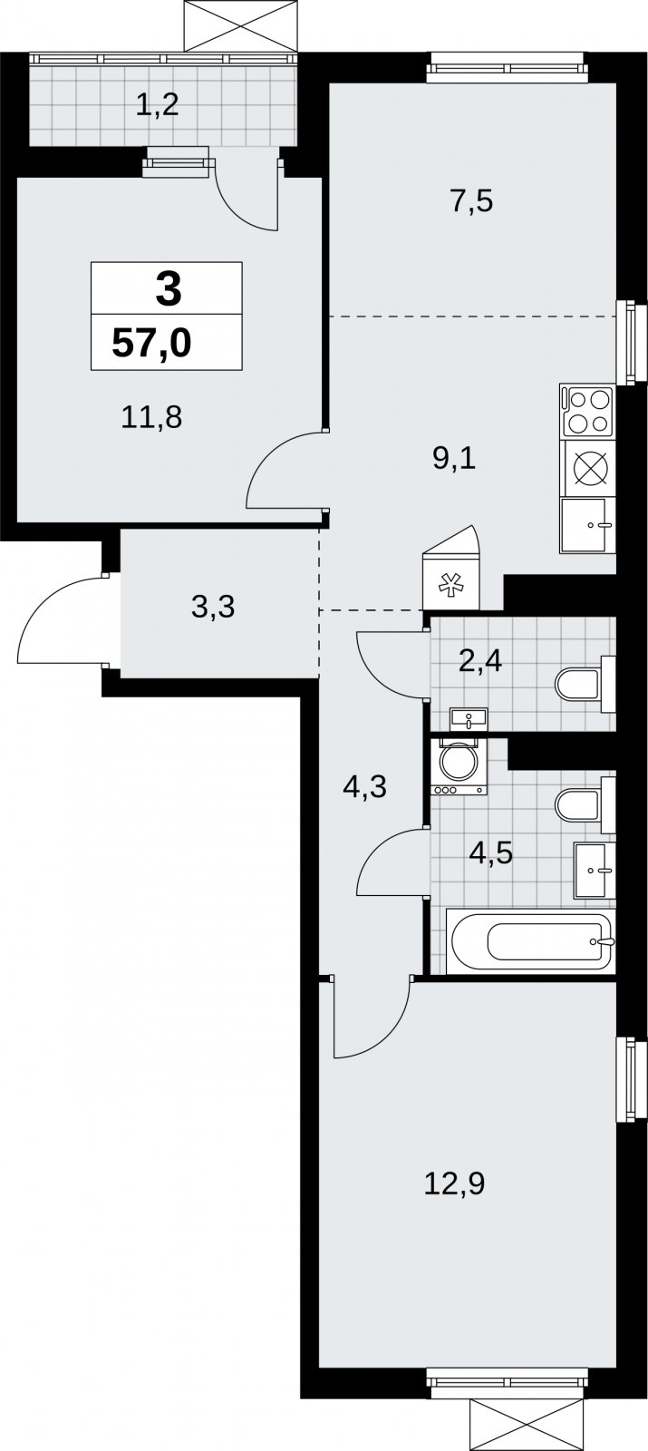 3-комнатная квартира (евро) с полной отделкой, 57 м2, 11 этаж, сдача 3 квартал 2026 г., ЖК Дзен-кварталы, корпус 6.1.3 - объявление 2327553 - фото №1