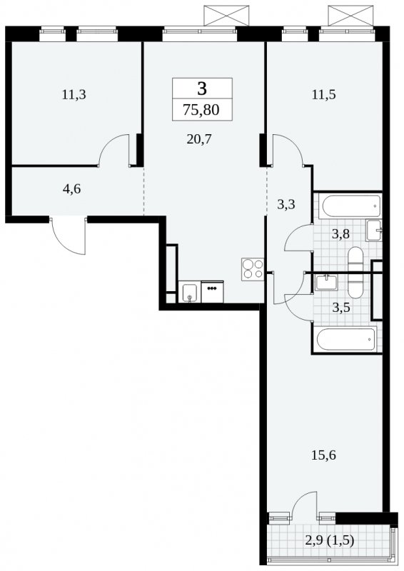 3-комнатная квартира с частичной отделкой, 75.8 м2, 12 этаж, сдача 3 квартал 2024 г., ЖК Прокшино, корпус 8.2 - объявление 1683864 - фото №1