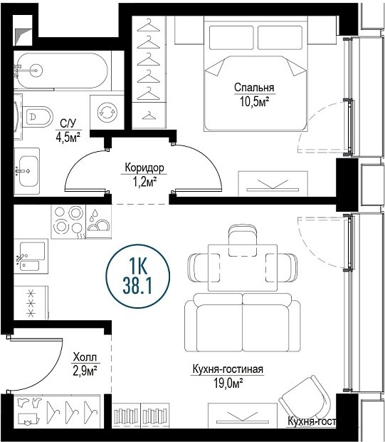 1-комнатная квартира с частичной отделкой, 38.1 м2, 23 этаж, сдача 3 квартал 2024 г., ЖК Метрополия, корпус Hong Kong - объявление 1997198 - фото №1