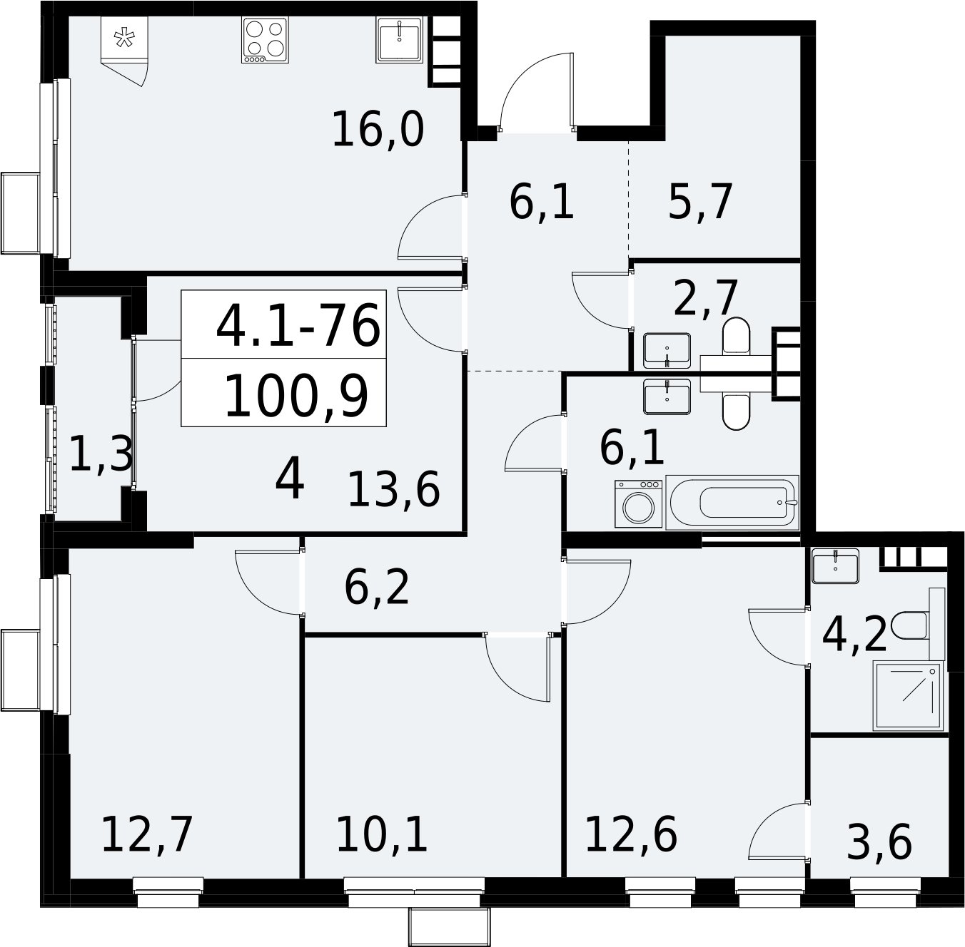 4-комнатная квартира с полной отделкой, 100.9 м2, 14 этаж, сдача 2 квартал 2027 г., ЖК Южные сады, корпус 4.1.1 - объявление 2392617 - фото №1