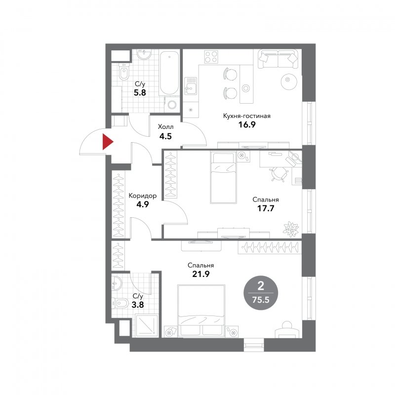 2-комнатные апартаменты без отделки, 75.5 м2, 12 этаж, сдача 3 квартал 2025 г., ЖК VOXHALL, корпус 4 - объявление 1794673 - фото №1
