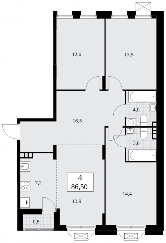 4-комнатная квартира (евро) без отделки, 86.5 м2, 8 этаж, сдача 4 квартал 2024 г., ЖК Бунинские кварталы, корпус 1.3 - объявление 1834775 - фото №1