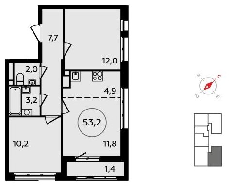 3-комнатная квартира (евро) без отделки, 53.2 м2, 14 этаж, сдача 4 квартал 2023 г., ЖК Скандинавия, корпус 2.15 - объявление 1516966 - фото №1