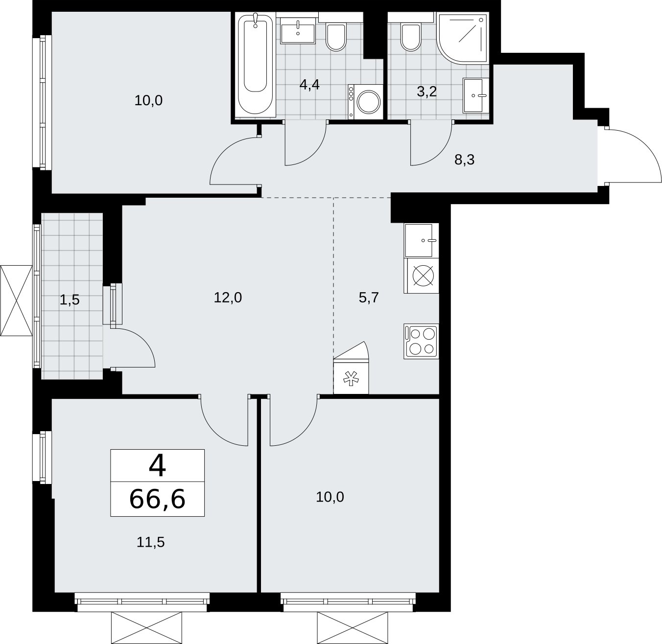 4-комнатная квартира (евро) без отделки, 66.6 м2, 9 этаж, сдача 2 квартал 2026 г., ЖК Бунинские кварталы, корпус 7.4 - объявление 2314099 - фото №1