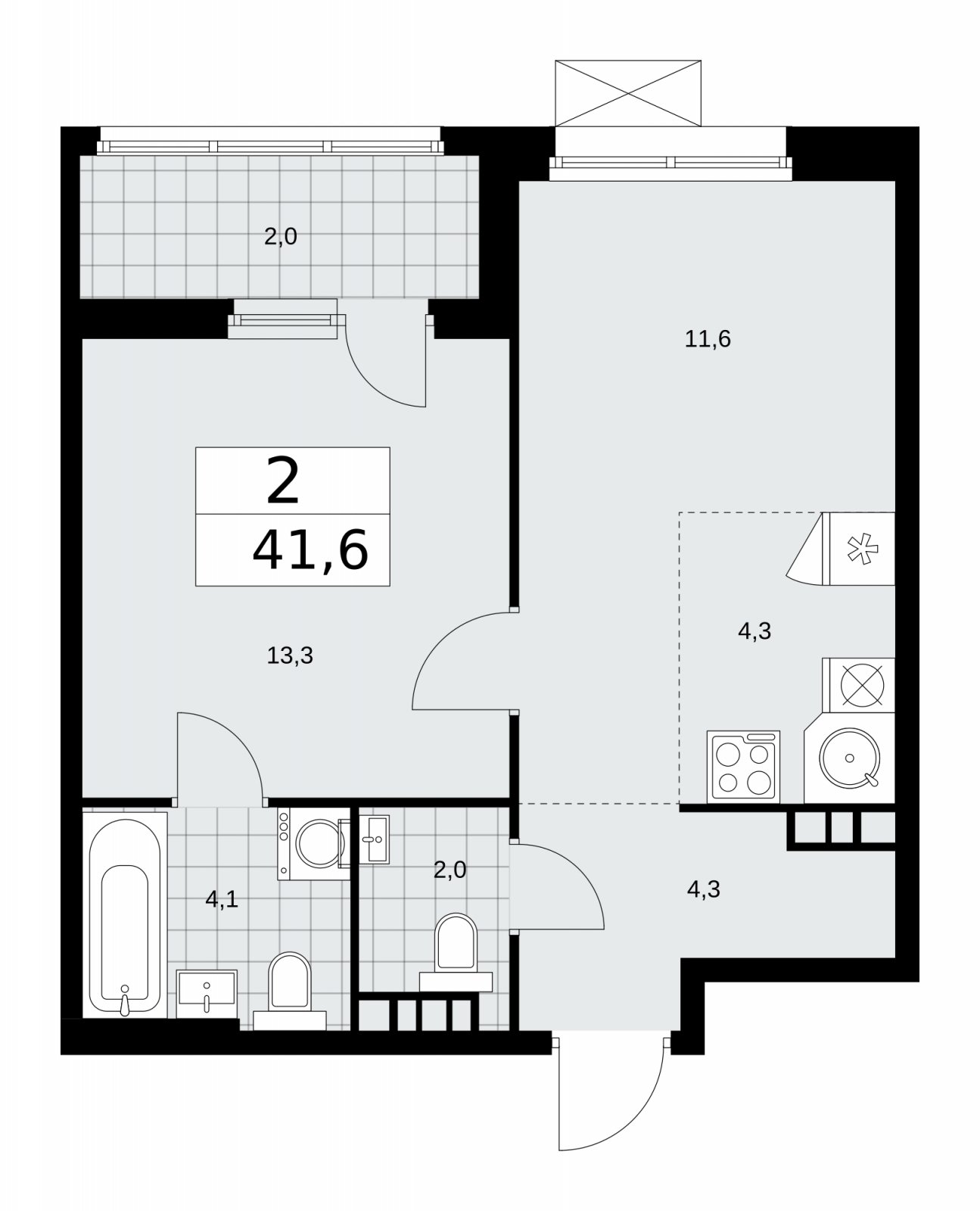 2-комнатная квартира (евро) с частичной отделкой, 41.6 м2, 7 этаж, сдача 2 квартал 2026 г., ЖК Дзен-кварталы, корпус 4.1 - объявление 2251420 - фото №1