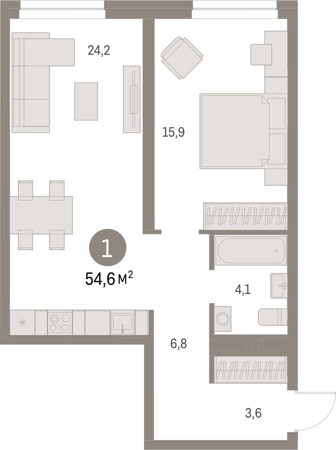 1-комнатная квартира с частичной отделкой, 54.64 м2, 4 этаж, сдача 1 квартал 2025 г., ЖК Первый квартал, корпус 5 - объявление 2310602 - фото №1
