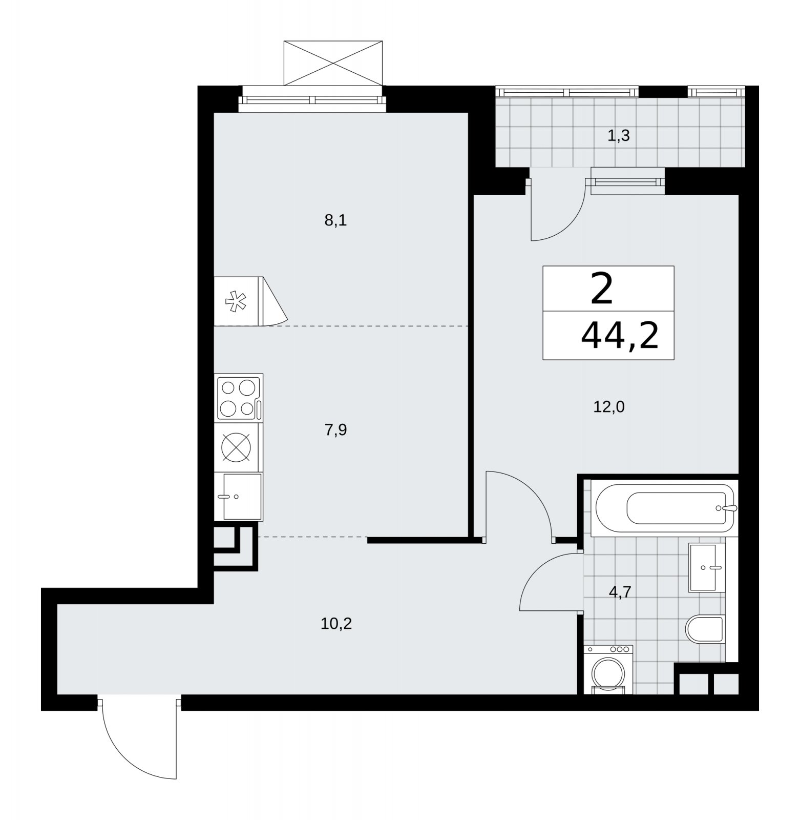 2-комнатная квартира (евро) с частичной отделкой, 44.2 м2, 3 этаж, сдача 2 квартал 2026 г., ЖК Прокшино, корпус 11.2.3 - объявление 2270347 - фото №1